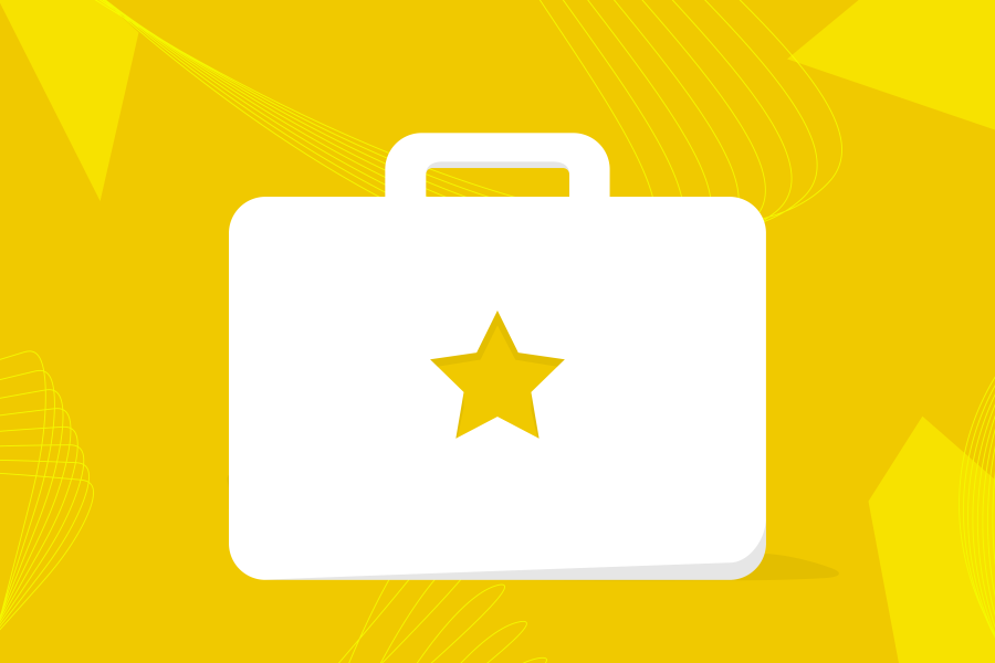 Yellow square. Geometric shapes with yellow lines. White brief case with gold star.