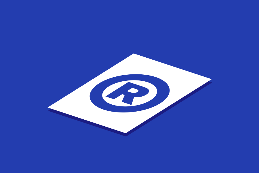 Image card. Blue background. White registered trademark symbol.
